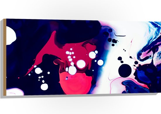 Hout - Abstracte Roze en Witte Vlekken in Blauwe Ondergrond - 100x50 cm - 9 mm dik - Foto op Hout (Met Ophangsysteem)