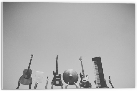 PVC Schuimplaat - Verschillende Muziekinstrumenten in Handen van Mensen (Zwart- wit) - 60x40 cm Foto op PVC Schuimplaat (Met Ophangsysteem)