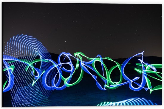 Dibond - Abstracte Neon Cirkels in Landschap - 60x40 cm Foto op Aluminium (Wanddecoratie van metaal)