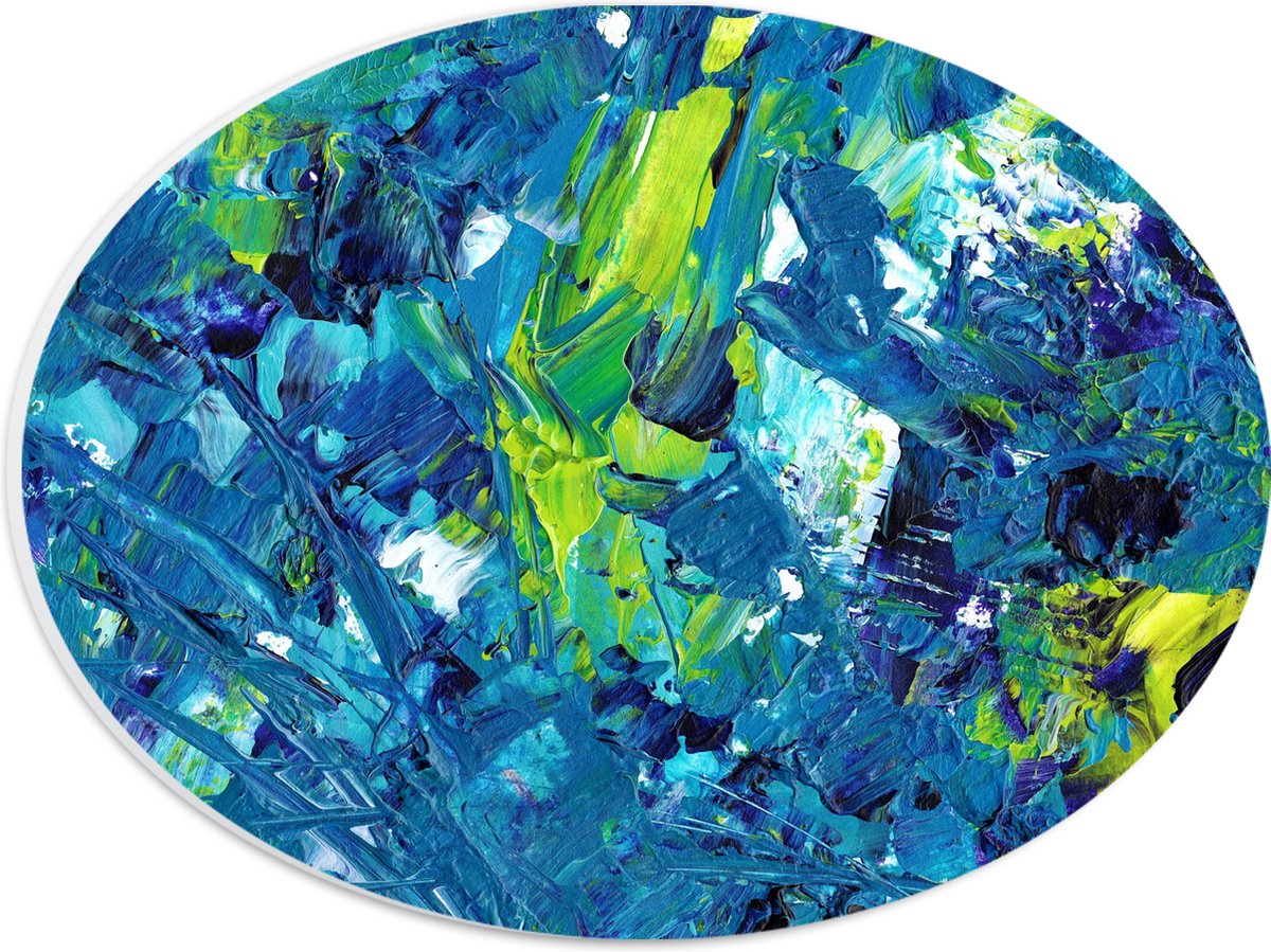PVC Schuimplaat Ovaal - Gemixte Verf in Blauwe en Groene Kleuren - 28x21 cm Foto op Ovaal (Met Ophangsysteem)