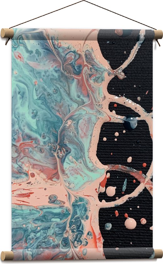 Textielposter - Abstracte Vormren in Verfmix van Roze en Blauw op Zwart - 40x60 cm Foto op Textiel