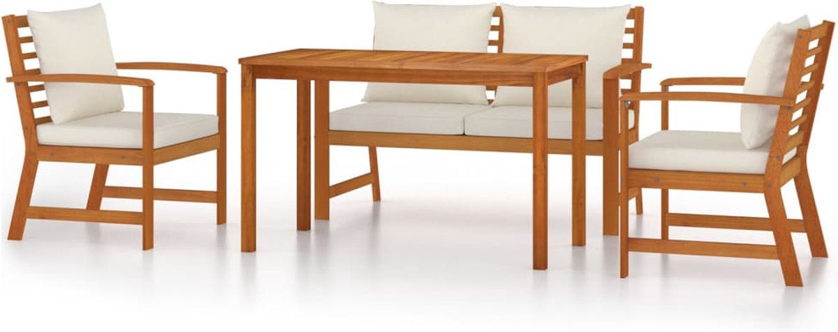 vidaXL 4-delige - Tuinset - met - kussens - massief - acaciahout crèmewit
