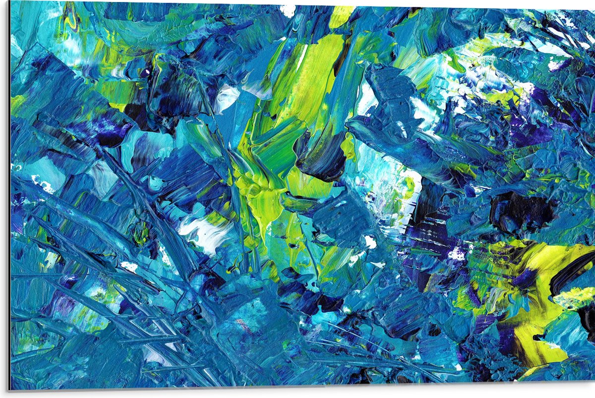 Dibond - Gemixte Verf in Blauwe en Groene Kleuren - 75x50 cm Foto op Aluminium (Wanddecoratie van metaal)