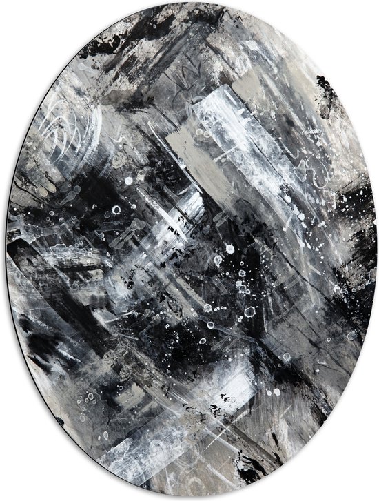 Dibond Ovaal - Abstracte Verfmix van Zwart en Wit Tinten - 72x96 cm Foto op Ovaal (Met Ophangsysteem)