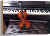 Hout - Rood- Bruine Viool met Strijkstrok tegen Piano - 75x50 cm - 9 mm dik - Foto op Hout (Met Ophangsysteem)