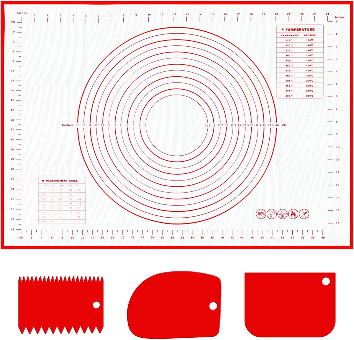 Siliconen bakmat, bakonderlegger, groot, 70 x 50 cm, anti-aanbakmat, uitrolmat met meting, met 3 stuks deegschrapers, herbruikbare bakaccessoires voor deeg, fondant, macarons, koekjes, pizza