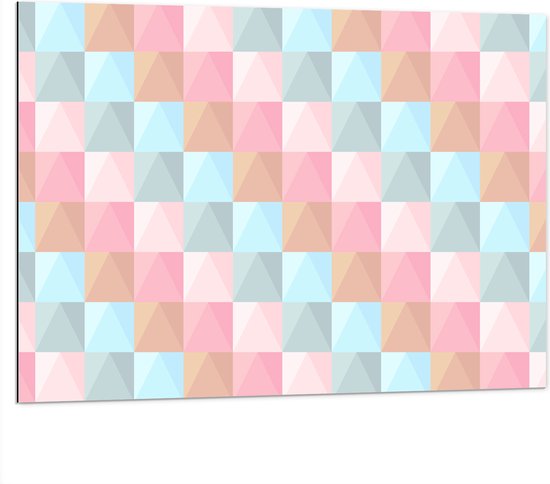 Dibond - Blokpatroon van Blauw, Bruin en Roze Vakken - 100x75 cm Foto op Aluminium (Wanddecoratie van metaal)