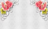 Fotobehang - Vlies Behang - Bloemen op Wit Ornament - 254 x 184 cm