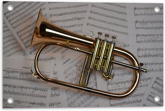 Tuinposter – Gouden Trompet op Muzieknoten Bladeren - 60x40 cm Foto op Tuinposter (wanddecoratie voor buiten en binnen)