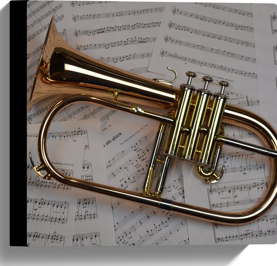 Canvas - Gouden Trompet op Muzieknoten Bladeren - 30x30 cm Foto op Canvas Schilderij (Wanddecoratie op Canvas)