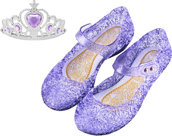 Prinsessenschoenen klittenband + kroon (tiara) - paars - maat 25/26 - vallen 1-2 maten kleiner - Het Betere Merk - verkleedschoenen prinses - prinsessen schoenen plastic - Giftset voor bij je Prinsessenjurk - binnenzool 16 cm