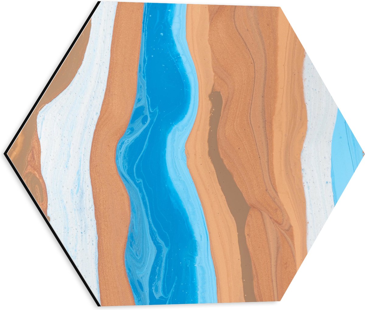Dibond Hexagon - Abstracte Banen Verf in Blauw, Bruin en Wit - 40x34.8 cm Foto op Hexagon (Met Ophangsysteem)