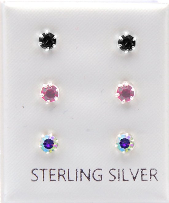 3 Paar zilveren oorknopjes met 3 mm gekleurde steentjes zwart roze en ab crystal