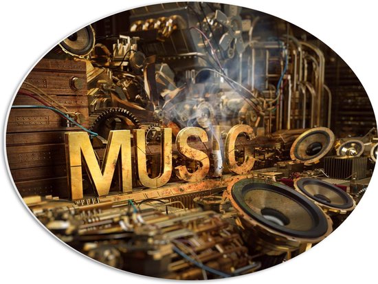 PVC Schuimplaat Ovaal - Houten Letters met ''MUSIC'' op Machine - 56x42 cm Foto op Ovaal (Met Ophangsysteem)