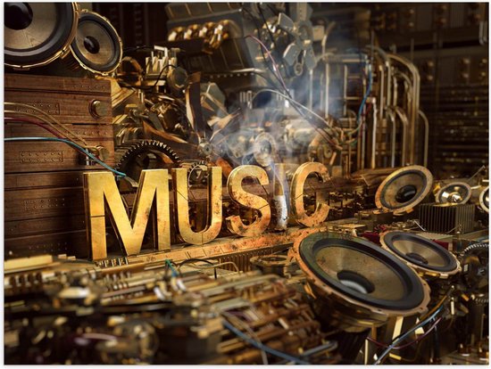 Poster Glanzend – Houten Letters met ''MUSIC'' op Machine - 40x30 cm Foto op Posterpapier met Glanzende Afwerking