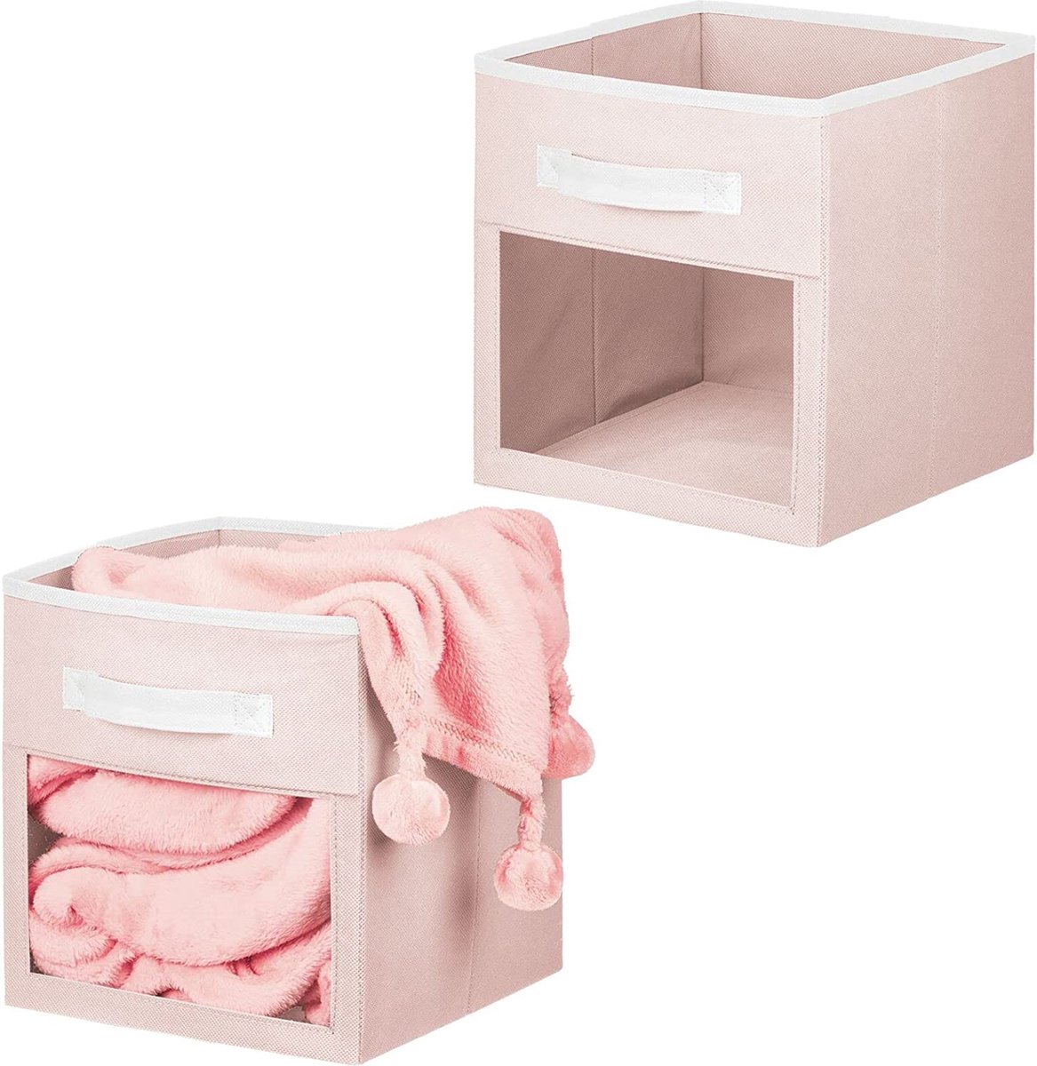 Set van 2 opbergdozen voor speelgoed of kleding, kubusvormige stoffen box met handvat en kijkvenster, opvouwbare speelgoedkist van stof, lichtroze en wit