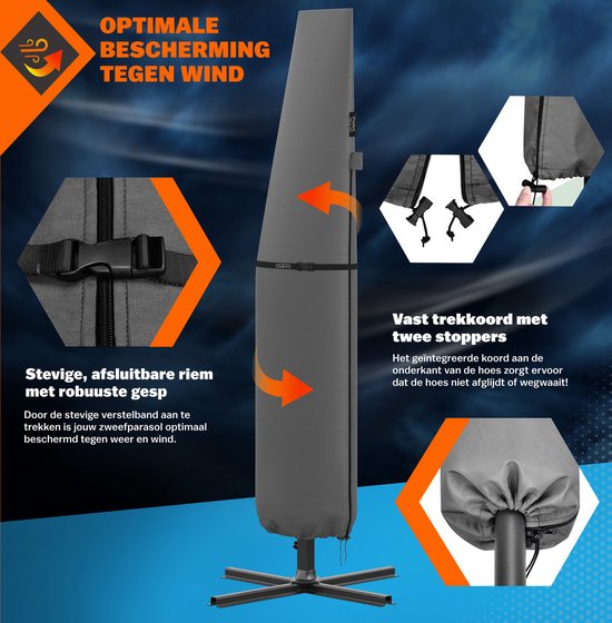 Grijze parasolhoes met tekst "Optimale bescherming tegen wind", riem met gesp en trekkoord.