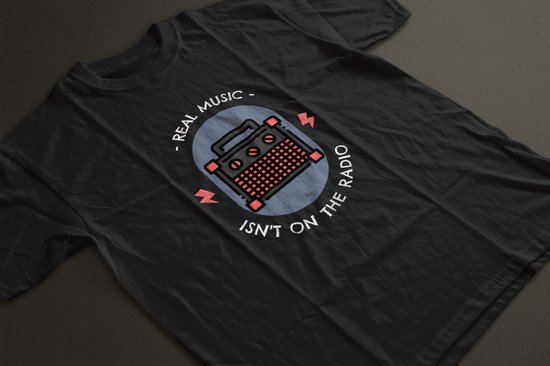 Chemise - La vraie musique n'est pas à la radio - Wurban Wear | Chemise drôle | Musique | T-shirt unisexe | Écouteurs | Boîte | Guitare | Piano | Danse | Casque d'écoute | Noir