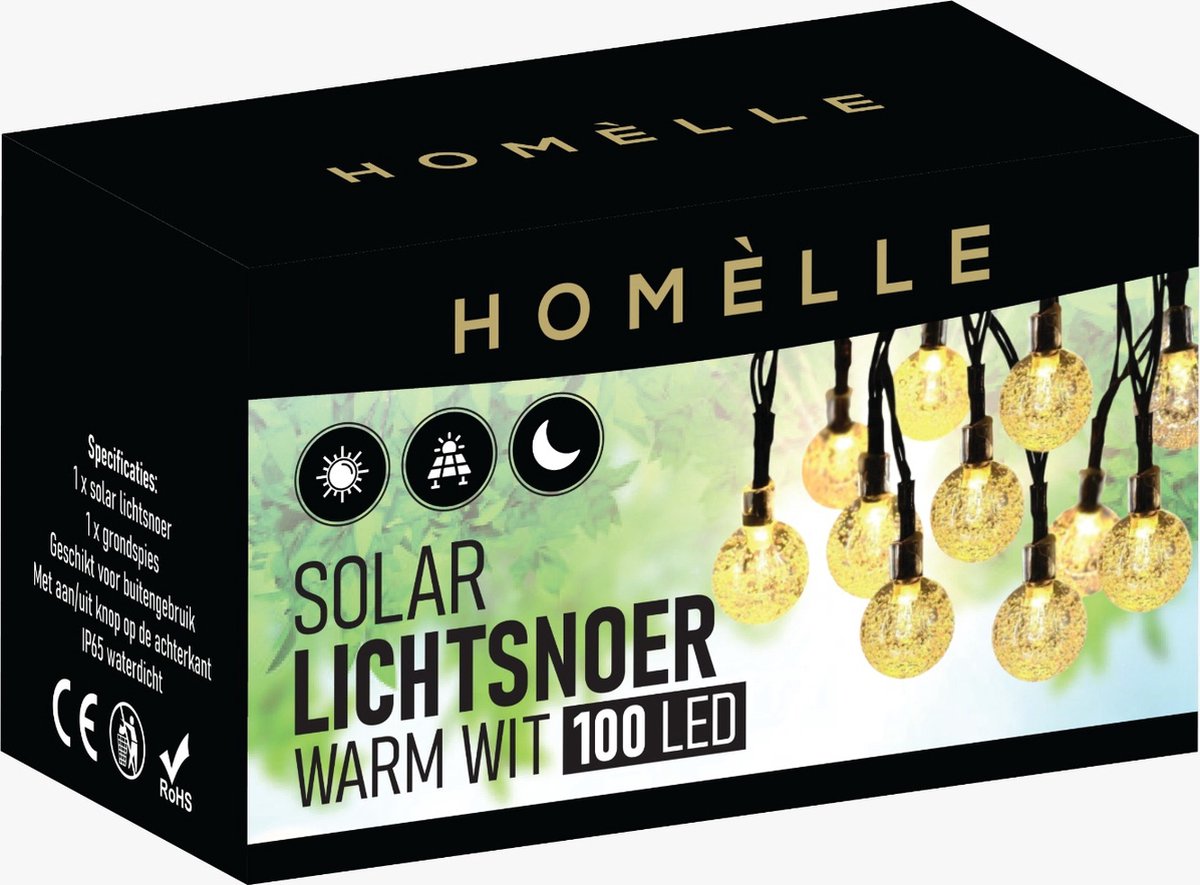 Homèlle Cordon lumineux Solar - 100 LED - 10 + 2 mètres - Blanc chaud -  ø2cm 