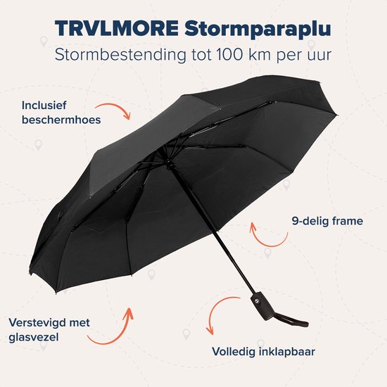 TRVLMORE Automatische Stormparaplu - tot 100km p/u - Ø 107 cm - Zwart |  bol.com