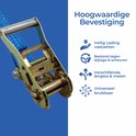 Gedetailleerde close-up van een ratelmechanisme van een spanband met tekst over veilig vastzetten.