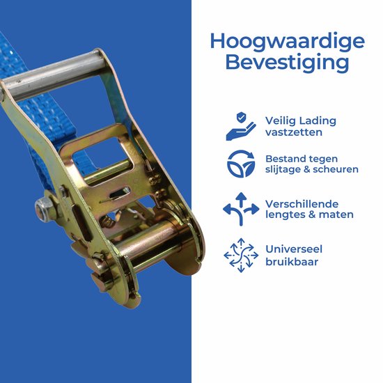 Gedetailleerde close-up van een ratelmechanisme van een spanband met tekst over veilig vastzetten.