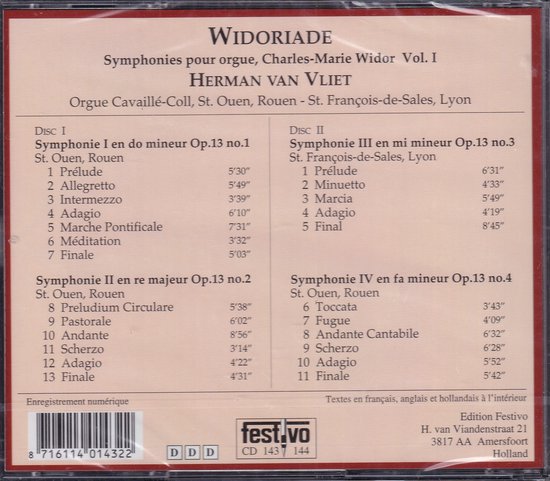 CD-hoes met tracklist van Widoriade, Symphonies pour orgue, vol. I, Herman van Vliet. Opnamegegevens en logo's Festival. barcode.
