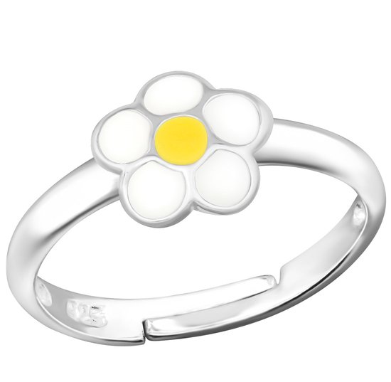 Joy|S - Zilveren bloem ring - verstelbaar - wit geel madeliefje - voor kinderen