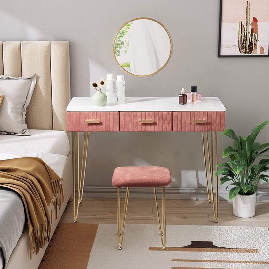 Coiffeuse Rose avec Miroir et Tabouret - Coiffeuse - Miroir avec