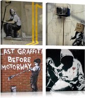 Schilderij - Banksy - Street Art Collage, 4luik , multikleur , wanddecoratie , premium print op canvas