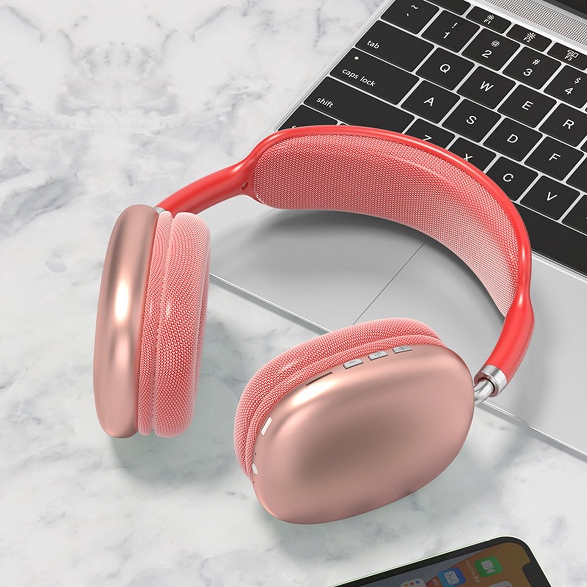 TechU™ Draadloze Bluetooth Koptelefoon – Game Headset – Hoofdtelefoon voor Muziek, Podcast & Gamen – Met Hoofdkussentje – Koraal