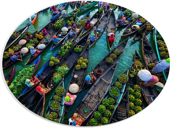 PVC Schuimplaat Ovaal - Drijvende markt op Boten in Vietnam - 40x30 cm Foto op Ovaal (Met Ophangsysteem)