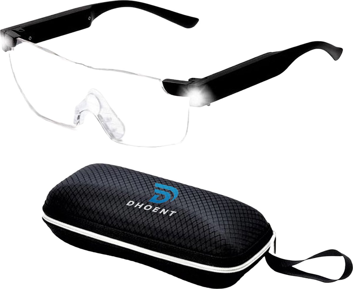 Dhoent Products® Vergrootglas Bril met Ledverlichting - Overzet Loepbril met Ledverlichting - 2x Vergroot bril - Hobby Loepbril voor Brildragers - Gratis Brillendoos en Brilkoordje - Zwart - ZoomWear
