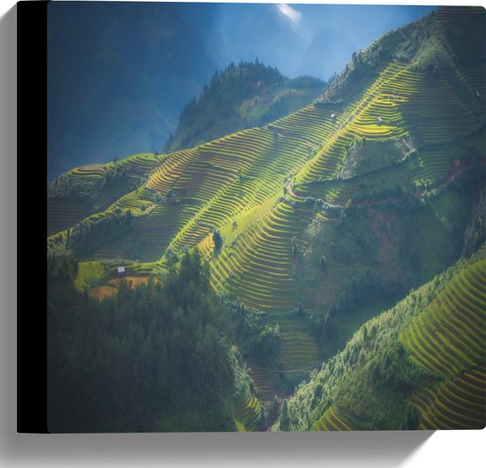 Canvas - Bergen vol Groene Rijstvelden in Indonesië - 30x30 cm Foto op Canvas Schilderij (Wanddecoratie op Canvas)