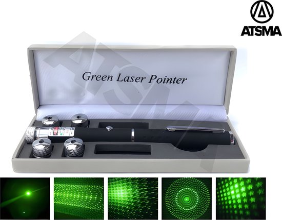 Groene Laserpen van HOGE Kwaliteit in LUXE Opbergdoosje - Inclusief Batterijen en 5 Figurendopjes (CLASS II)