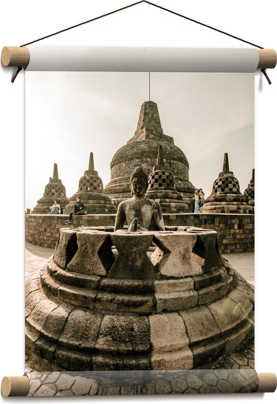 Textielposter - Beelden bij Borobudur Tempel in IndonesiË - 30x40 cm Foto op Textiel