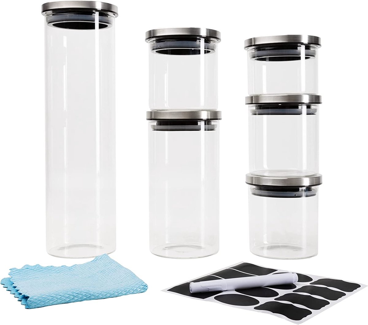Voorraadpotten met deksel van borosilicaatglas voor luchtdichte opslag, inclusief etiketten, stift en microvezeldoek (1 x 2000 ml + 1 x 1100 ml + 2 x 500 ml + 2 x 250 ml)