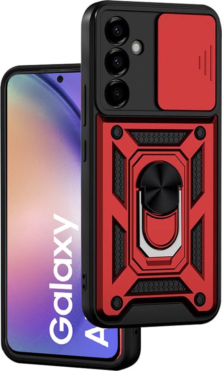 Samsung Galaxy A54 hoesje met Ringhouder en Camera schuifje - shockproof case - Rood