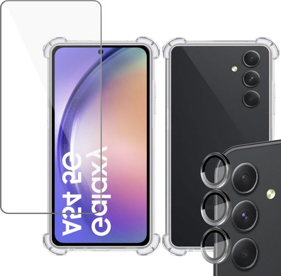 Coque transparente avec coins renforcés pour Samsung Galaxy A54 5G avec protecteur d'écran et protecteurs d'objectif de caméra.