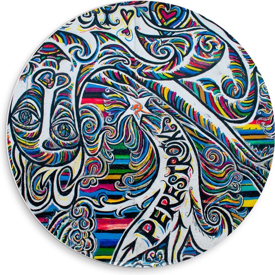 PVC Schuimplaat Muurcirkel - Patroon met Geometrische Figuren in Verschillende Felle Kleuren - 50x50 cm Foto op Muurcirkel (met ophangsysteem)