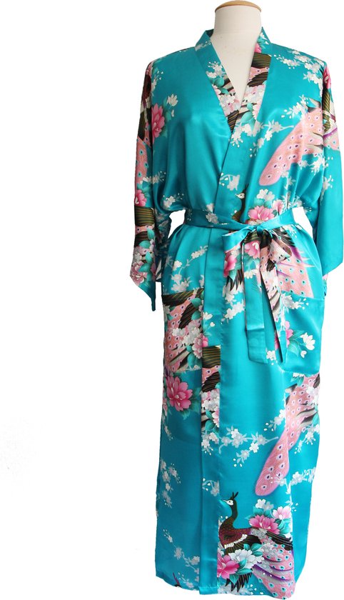 KIMU® Lange Kimono Oceaanblauw - Maat XL-XXL - Maxi Satijnen Kamerjas - Blauw Ochtendjas Lang Japanse Badjas Yukata Geisha Satijn Festival