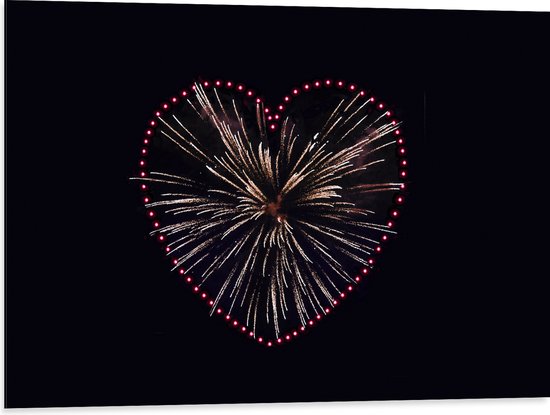 Dibond - Vuurwerkpijl in Hart van Rode Lampjes - 80x60 cm Foto op Aluminium (Wanddecoratie van metaal)