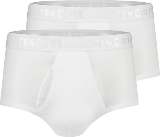 Twee witte Ten Cate slips met grijze tailleband met logo.