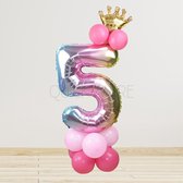 Leeftijdballon 5 Jaar - Hoera 5 Jaar - Prinsessenfeest - Kinderverjaardag Prinses Thema - Kinderfeestje Prinsessen – Unicorn – Regenboog - Princess Birthday Decoration - Meisje Verjaardag Feest Prinses - Roze Prinsessen Verjaardag - Ballon met Kroon