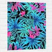 Muursticker - Patroon van Blauwe en Paarse Planten tegen Zwarte Achtergrond - 75x100 cm Foto op Muursticker