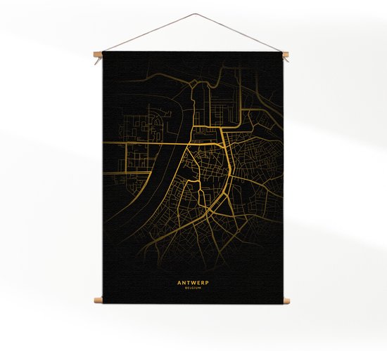 Textielposter Antwerp Antwerpen Plattegrond Zwart Geel L (85 X 60 CM) - Wandkleed - Wanddoek - Wanddecoratie