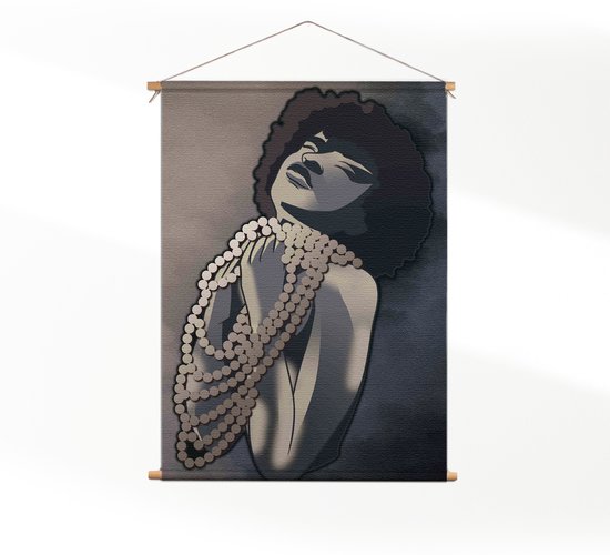 Textielposter Afrikaanse Vrouw met Parelketting Kunst XL (125 X 90 CM) - Wandkleed - Wanddoek - Wanddecoratie