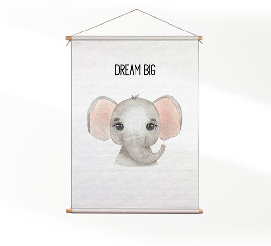 Textielposter Dream Big Olifantje - Kinderkamer - Baby cadeau - Babykamer M (55 X 40 CM) - Wandkleed - Wanddoek - Wanddecoratie