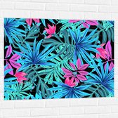 Muursticker - Patroon van Blauwe en Paarse Planten tegen Zwarte Achtergrond - 100x75 cm Foto op Muursticker