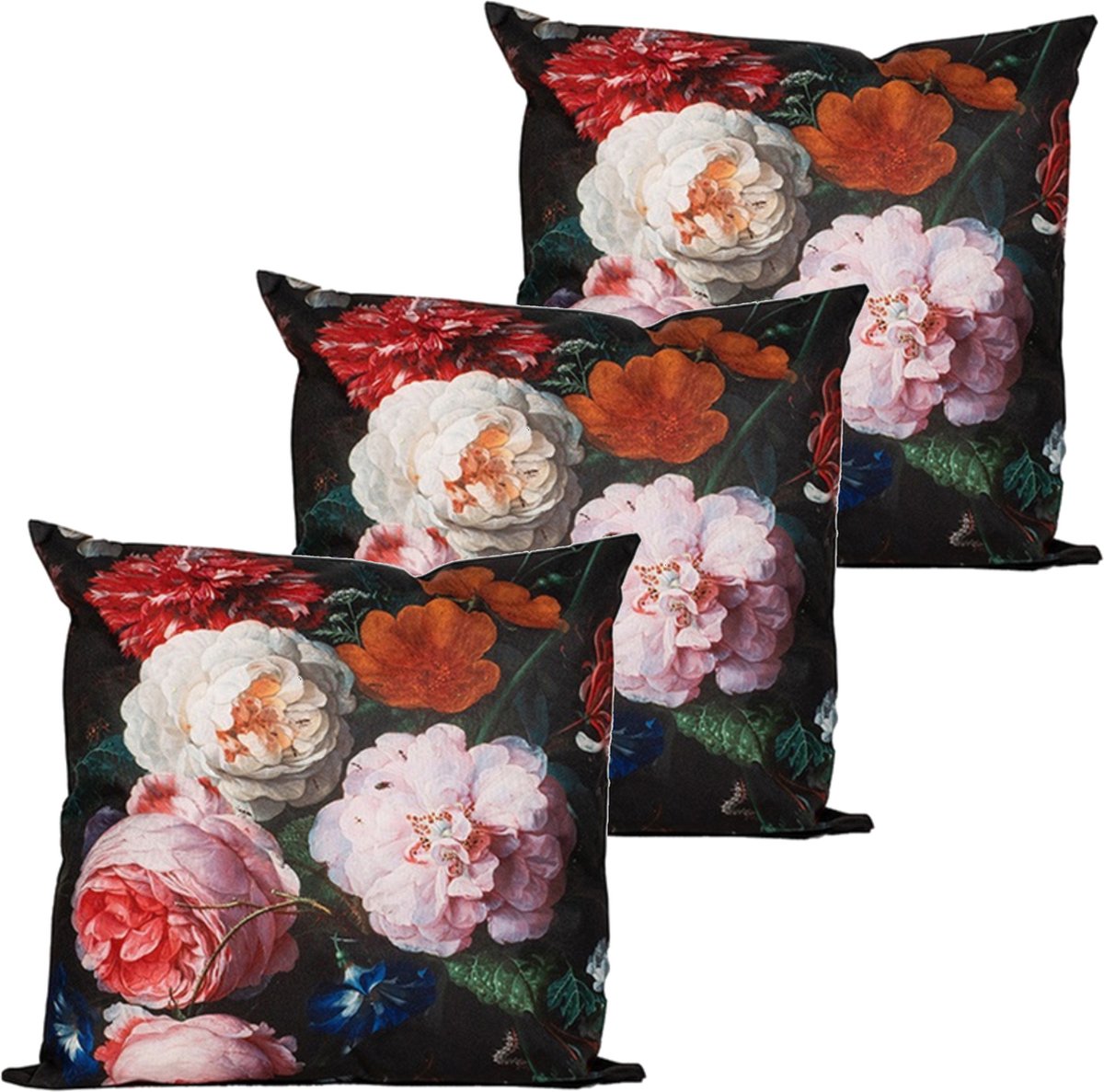 Anna's collection buitenkussen bloem - 3x - roze/zwart - 60 x 60 cm - Water en UV bestendig